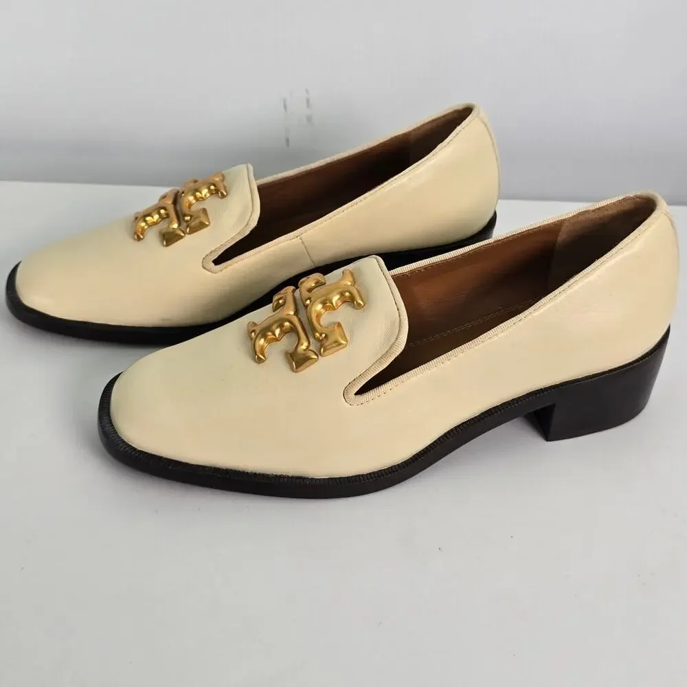 Tory Burch Eleanor Heeled Loafers Cream Leather Brass Logo Size 7M